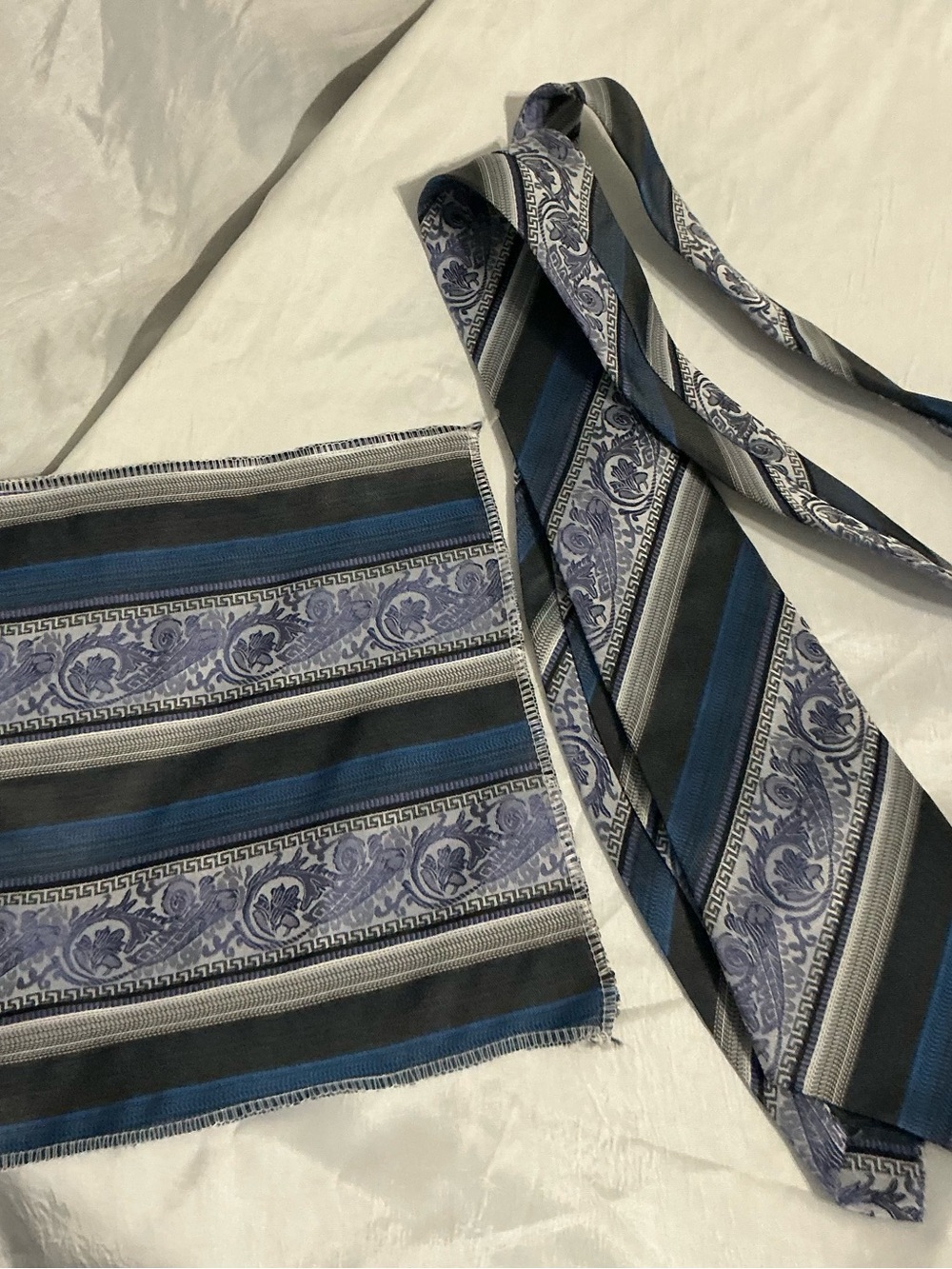 Blue and Black Paisley Stripe Tie with Matching Pocket Square